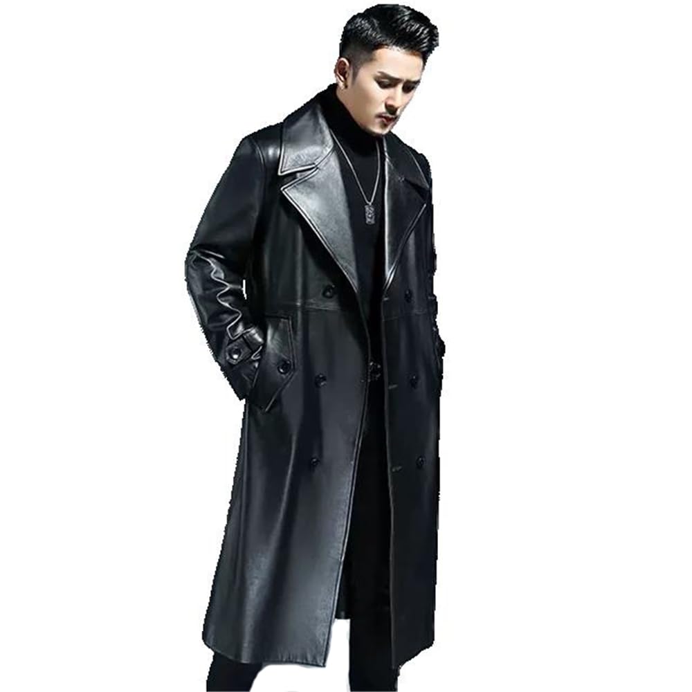 Xingfenly Spring Autumn Long Cool Leather Trench Coat Men
